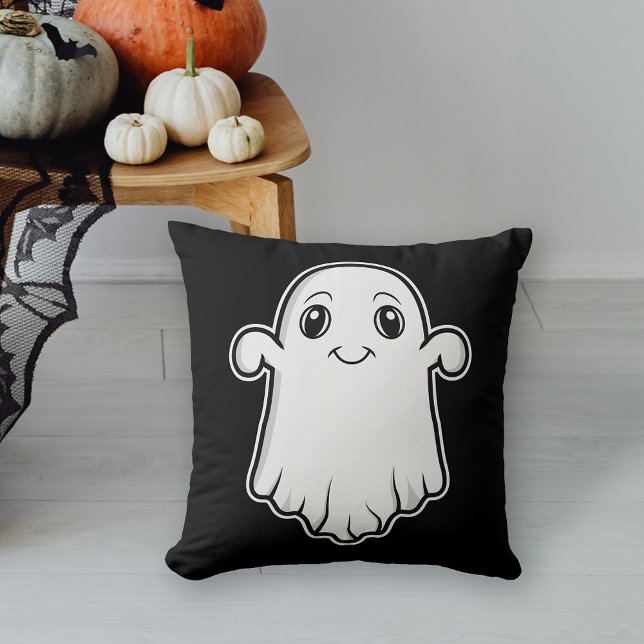 Niedlich Lächelnd Cartoon Ghost Halloween Schwarz- Kissen (Cute design for the Halloween season.)