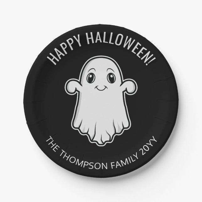 Niedlich lächelnd Ghost glücklich Halloween Schwar Pappteller (Vorderseite)