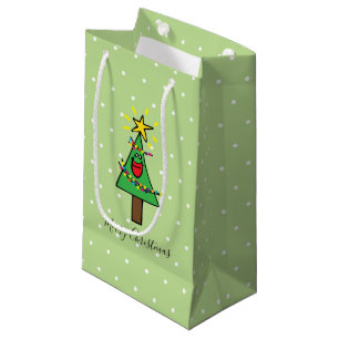 Niedlich lächelnd Grün frohe Weihnachtsbaumgestalt Kleine Geschenktüte