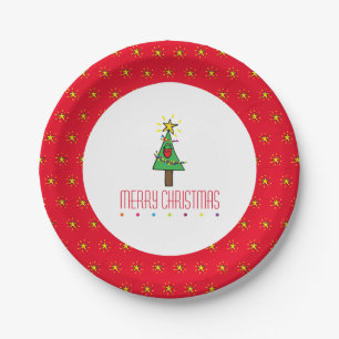 Niedlich lächelnd Red Merry Christmas Tree Cartoon Pappteller