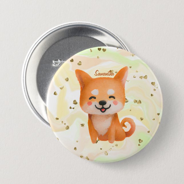 Niedlich lächelnd Shiba Inu Button (Vorne & Hinten)