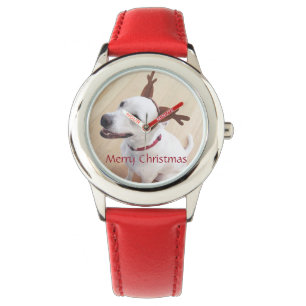 Niedlich Lächelnd Weißer Rentier Hund Red Christma Armbanduhr