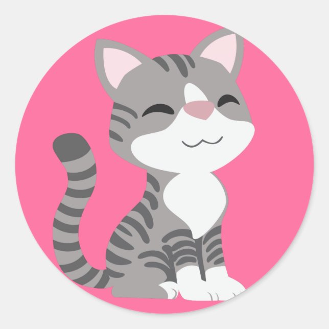 Niedlich Lächelnde graue Tabby Katze Runder Aufkleber (Vorderseite)