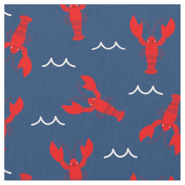 Niedlich lächelnde Hummer auf Navy Blue Stoff (Nahaufnahme)