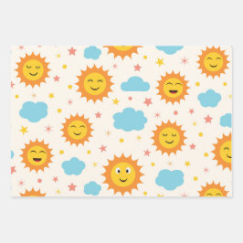 Niedlich Lächelnde Sonne mit Wolken und Sternen Pa Geschenkpapier Set