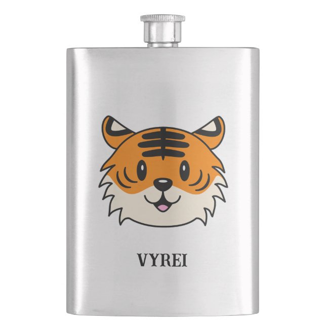 Niedlich Lächelnder Cartoon Tiger Flachmann (Vorderseite)