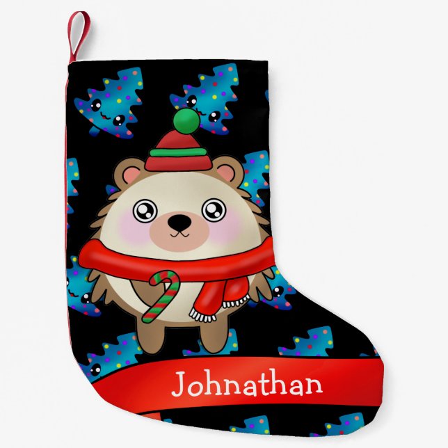 Niedlich Lächelnder Igel mit Weihnachtsmannmütze Kleiner Weihnachtsstrumpf (Vorderseite)