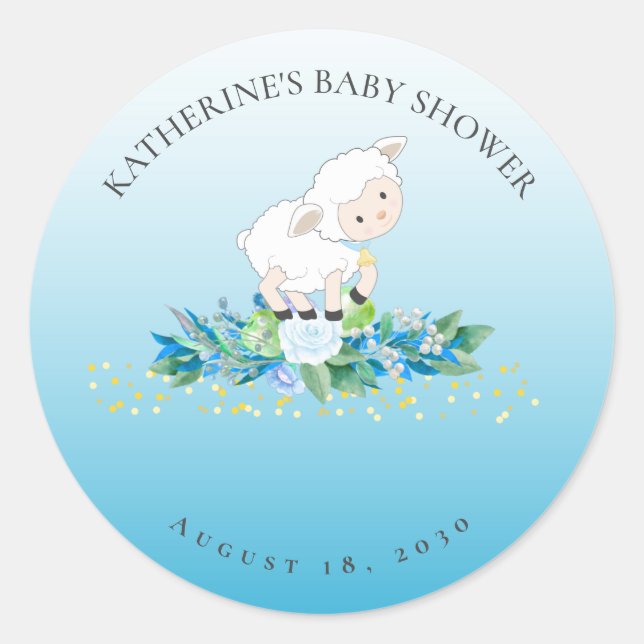 Niedlich Lamm Blue Floral Boy Baby Dusche Runder Aufkleber (Vorderseite)