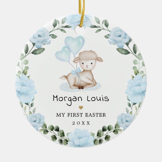 Niedlich Lamm Blue Floral Wreath Baby First Oaster Keramik Ornament (Vorne)