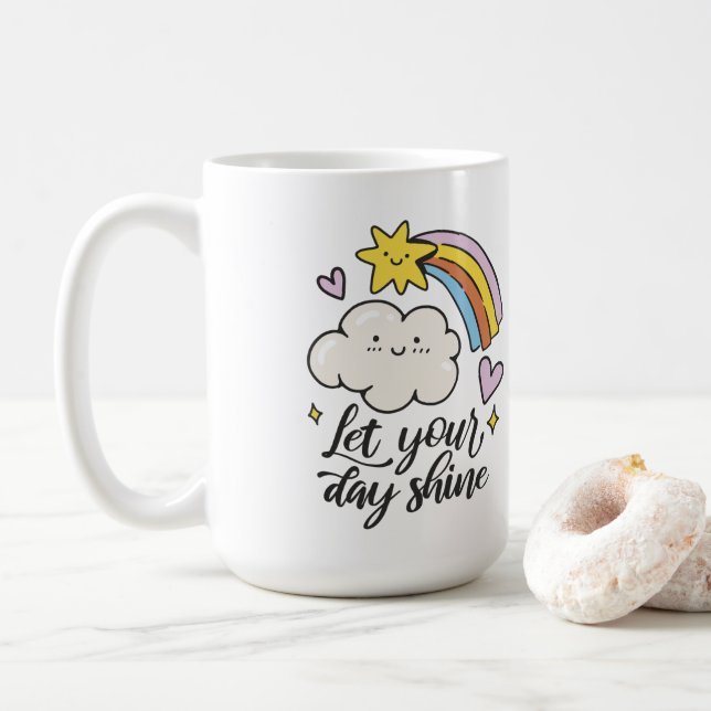 Niedlich Lass Your Day Shine Cartoon Cloud and Rai Kaffeetasse (Mit Donut)