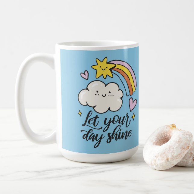 Niedlich Lass Your Day Shine Cartoon Cloud and Rai Kaffeetasse (Mit Donut)