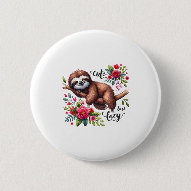 Niedlich Lazy Sloth Blume Button (Vorderseite)