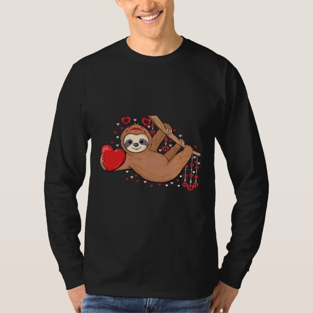 Niedlich Lazy Sloth Holding Heart Liebe Luth Valen T-Shirt (Vorderseite)