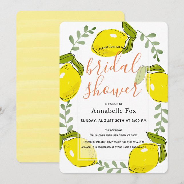 Niedlich Lemon Citrus White Bridal Dusche Einladun Einladung (Vorne/Hinten)