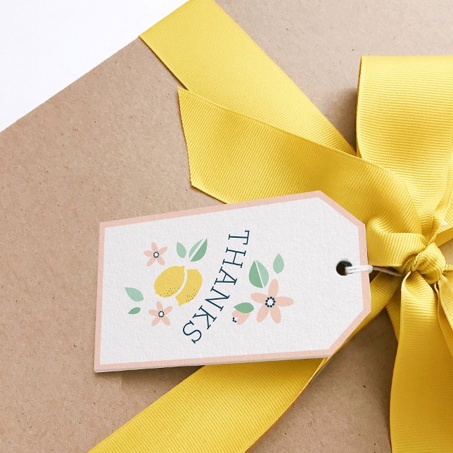 Niedlich Lemon Yellow Botanical Baby Dusche Geschenkanhänger (Cute Lemon Yellow Botanical Bold Baby Shower gift tag)