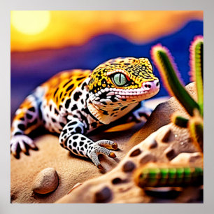 Niedlich Leopard Gecko Sunset Wüstendesign Poster
