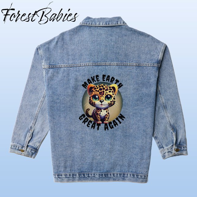 Niedlich Leopard Safari Animal, Make Earth Great A Jeansjacke (Leopard, Blue Denim ForestBabies Jacket - Back)