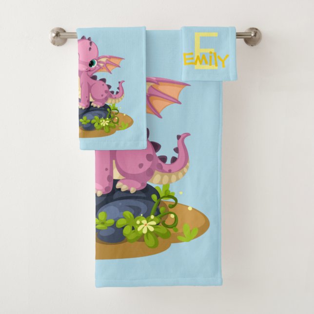 Niedlich Light Blue Baby Dinosaurier Monogram Name Badhandtuch Set (Insitu)