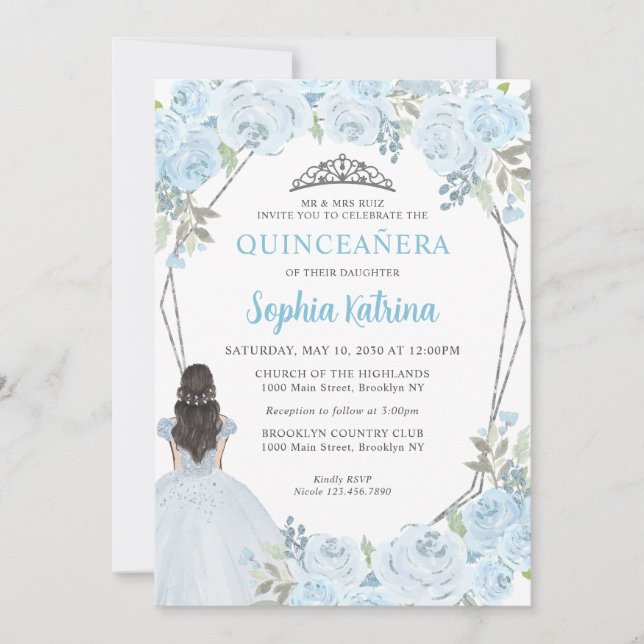 Niedlich Light Blue Silver Blumenprinzessin Quince Einladung (Vorderseite)