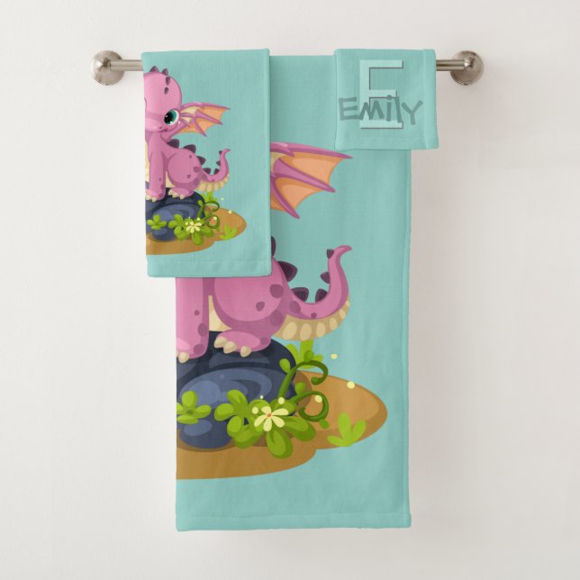 Niedlich Light Green Baby Dinosaurier Monogram Nam Badhandtuch Set (Insitu)