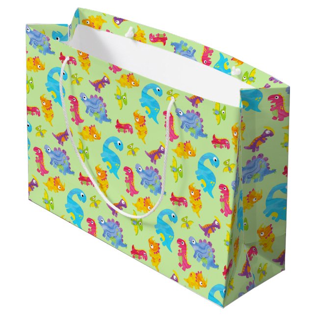 Niedlich Light Pastel Green Baby Dinosaur Geburtst Große Geschenktüte (Rückseite Schrägansicht)