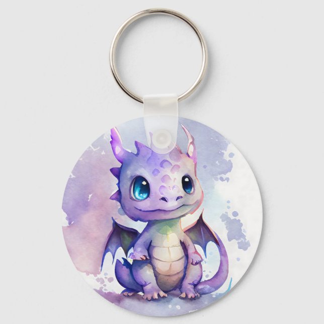 Niedlich Lila Baby Dragon Watercolor Schlüsselanhänger (Vorderseite)