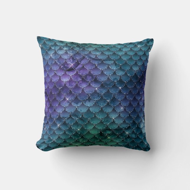 Niedlich Lila Blue Aquamarin Mermaid Scales Kissen (Vorderseite)