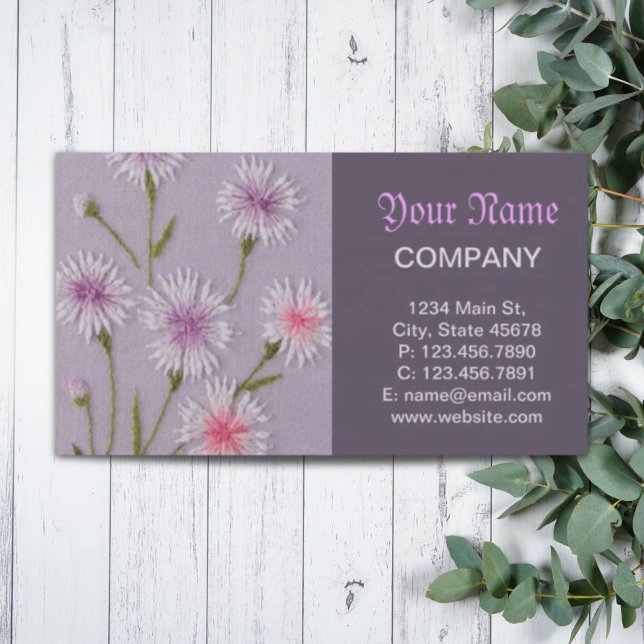 niedlich lila lila Stickerei Visitenkarte (cute lilac purple embroidery floral white daisy business card)
