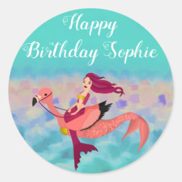 Niedlich Lila Mermaid Flamingo Happy Birthday Runder Aufkleber