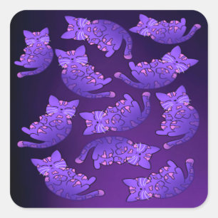 Niedlich Lila Neon Kitten Group Quadratischer Aufkleber