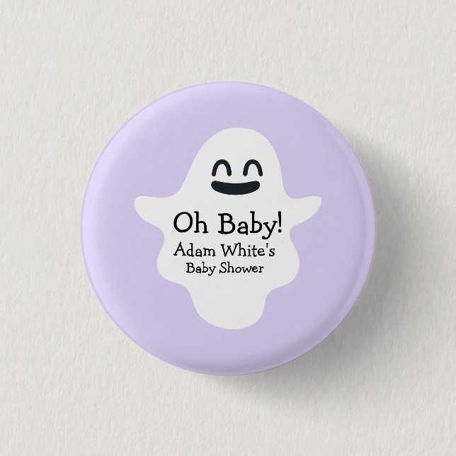 Niedlich Lila Oh Baby! Ghost Halloween Baby Dusche Button (Vorderseite)