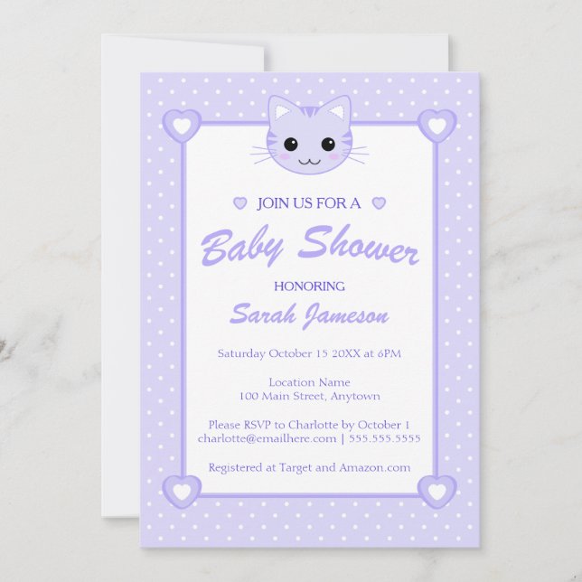 Niedlich Lilac Lila Cartoon Katze Kitten Kinderdus Einladung (Vorderseite)
