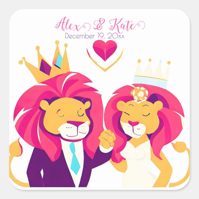 Niedlich Lion Couple | Romantische Hochzeit Quadratischer Aufkleber (Vorderseite)