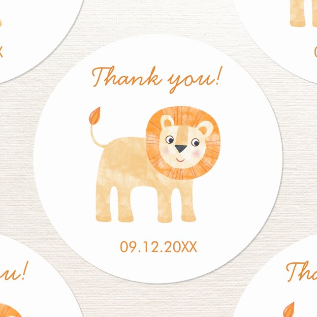 Niedlich Lion Dankeschön Datum Runder Aufkleber (Cute watercolor lion thank you sticker with custom text and date)
