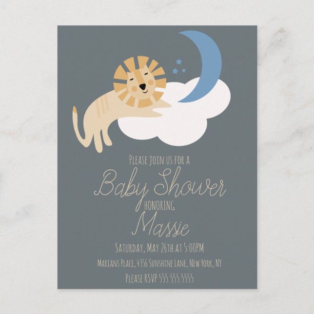 Niedlich Lion Moon Cloud Baby Dusche Einladung Postkarte (Vorderseite)
