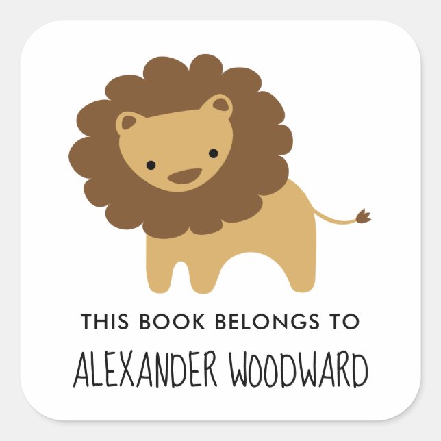Niedlich Lion Personalisiert Kids Buchzeichen Quadratischer Aufkleber (Vorderseite)
