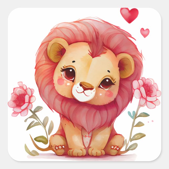 Niedlich Lion Valentine Quadratischer Aufkleber (Vorderseite)