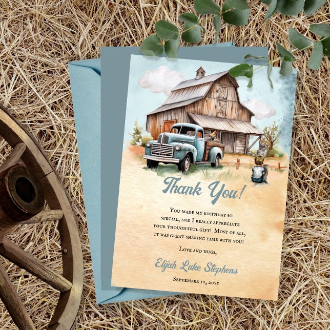 Niedlich Little Bauer Geburtstagsparty Dankeskarte (Vintage Blue Truck | Barn Little Farmer "Thank You!" Card )