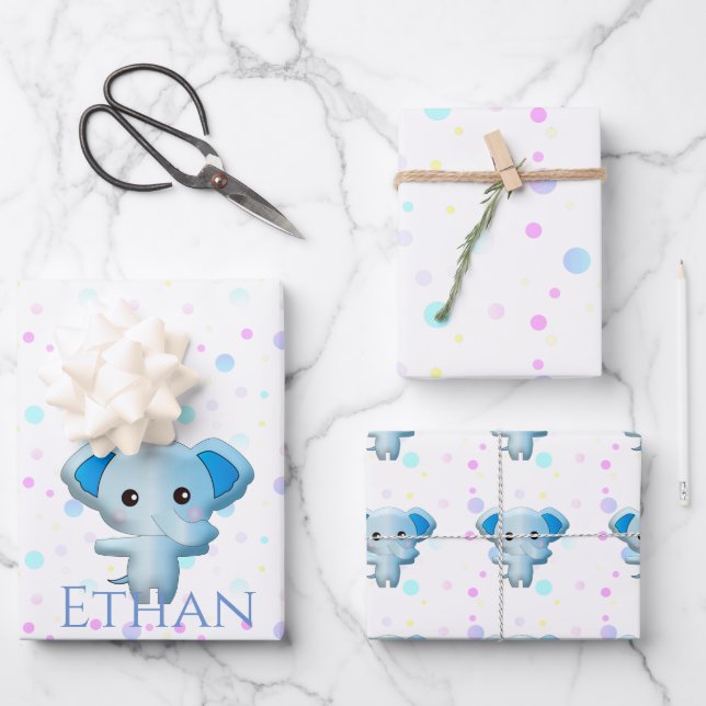 Niedlich Little Blue Boy Elephant Geschenkpapier Set (Vorderseite)