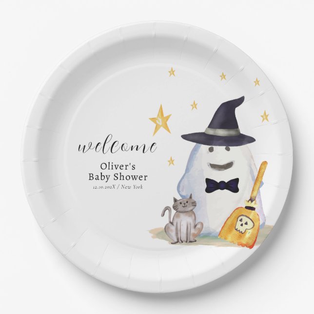 Niedlich Little Boo Ghost Boy Babydusche Willkomme Pappteller (Vorderseite)