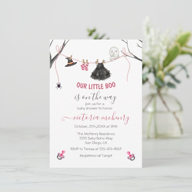 Niedlich Little Boo Halloween Ghost Baby Dusche Einladung (Stehend Vorderseite)