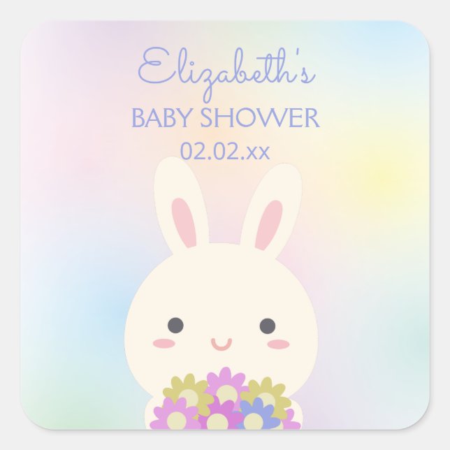 Niedlich Little Bunny & Blume Baby Girl Dusche Par Quadratischer Aufkleber (Vorderseite)
