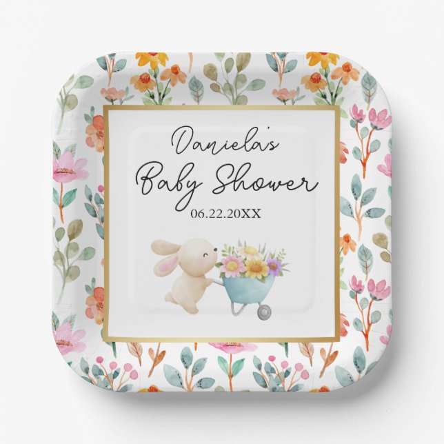 Niedlich Little Bunny Wildblumen Kinderdusche Pappteller (Vorderseite)