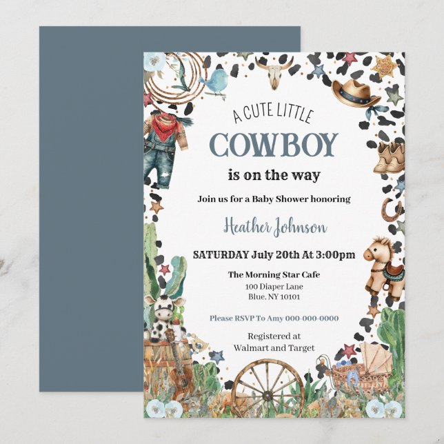 Niedlich Little Cowboy Western Wasserfarbe Kinderd Einladung (Vorne/Hinten)