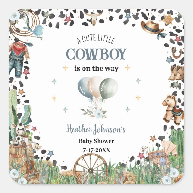 Niedlich Little Cowboy Western Wasserfarbe Kinderd Quadratischer Aufkleber (Vorderseite)