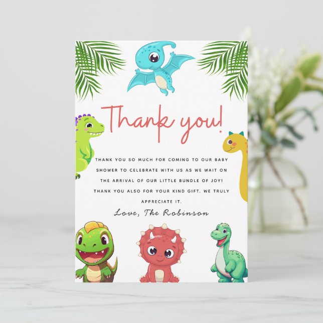 Niedlich Little Dino Baby Dusche Dankeskarte (Stehend Vorderseite)