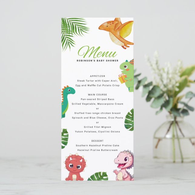 Niedlich Little Dino Baby Dusche Menükarte (Stehend Vorderseite)