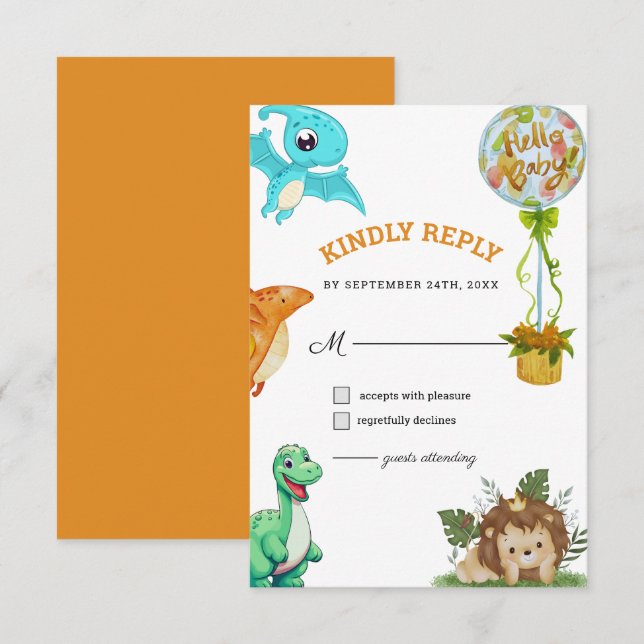 Niedlich Little Dino Baby Dusche RSVP Karte (Vorne/Hinten)