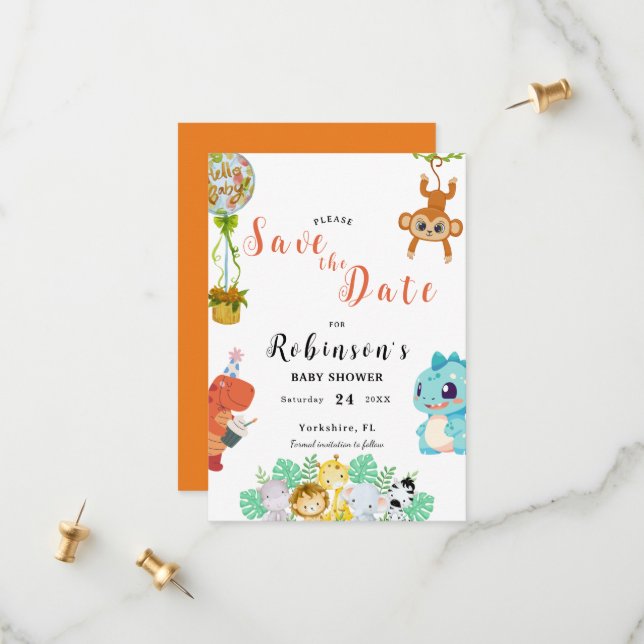 Niedlich Little Dino Baby Dusche Save The Date (Vorderseite/Rückseite Beispiel)