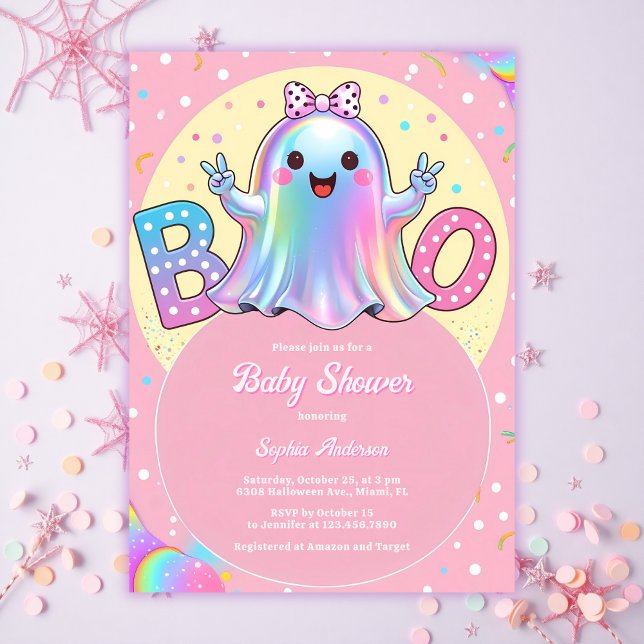 Niedlich Little Ghost Pink Halloween Girl Babydusc Einladung (Little Boo Iridescent Ghost Baby Shower Invitation Cute Halloween Coquette Girl Invite)